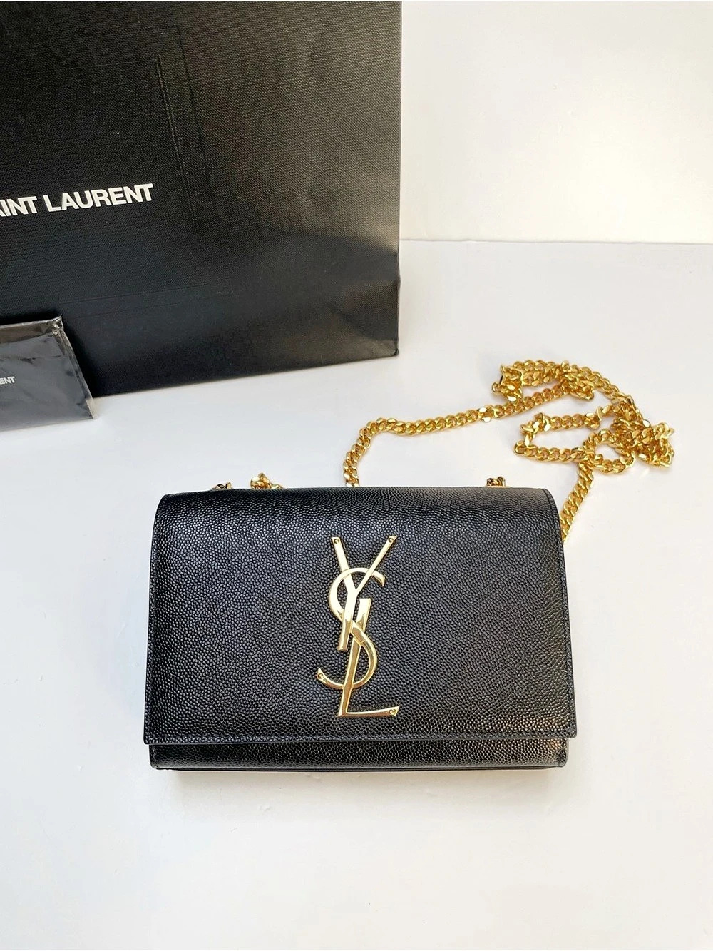Saint Laurent Kate Small Grain de Poudre Embossed Leather Black chain crossbody